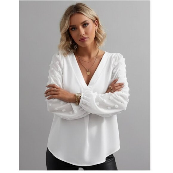 White Chiffon Swiss Dot Lantern Sleeve V-Neck Shirt - Picture 2 of 8
